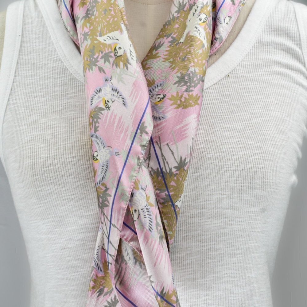 Vintage Pink Poly Japanese Influenced Scarf | Lovely Exotic Pattern | 30”x30" - Picture 3 of 5
